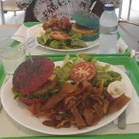 Two menus one with the smurf bun (blue spirulina) and the other with the beetroot bun! at Vegana Burgers - Atrium Saldanha in Lisbon