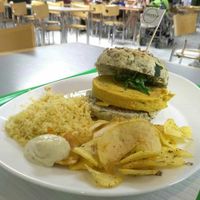 Chickpea and curry burger, chips, couscous, and mint mayo at Vegana Burgers - Atrium Saldanha in Lisbon