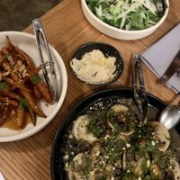Maple roasted carrots with peanuts and chilli, greens with fennel and potato ravioli with mushrooms (all onion free) at The Independent in Gembrook