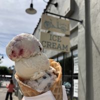Cherry Almond, Lemon Cream, and Cookies and Cream on a waffle cone—all vegan and 100% delicious! at Curbside Creamery in Oakland