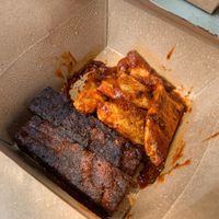 Combo plate with protein options with the seitan short ribs and the smoked chickn  at Homegrown Smoker in Portland