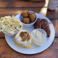 Beyond/Jackfruit ribs, hush puppies and coleslaw   at Homegrown Smoker in Portland
