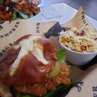 Vegan fried "chicken" sandwich, coleslaw at Homegrown Smoker in Portland