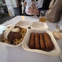 Mac and cheese chick’n sandwich and mozzarella sticks  at Homegrown Smoker in Portland