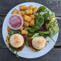 poached "eggs" with tots and salad at Homegrown Smoker in Portland