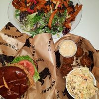 7-9-23 All vegan: Buffalo bleu cheese soy curl salad, chik'n sandwich, cole slaw, hush puppies with remoulade. Everything was delicious. at Homegrown Smoker in Portland