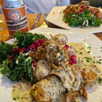 Fried “chicken” with béarnaise sauce and Hasselback potatoes at Blackbird in Gothenburg