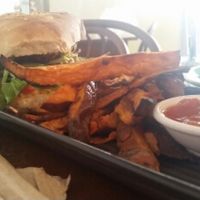veggie (vegan) burger with sweet potato fries at Kunara Cafe in Brisbane