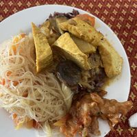 Massaman curry and fried noodles  at Vegan Khunnay in Koh Samui