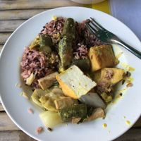 The vegan buffet! I got some tofu, green curry, mixed rice and veg + a few pieces of vegan meat and man ?? amazeballs  at Vegan Khunnay in Koh Samui