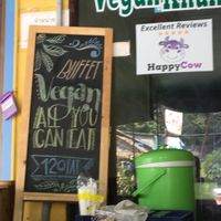 awful picture, but here’s the sign for the all you can eat 120 baht vegan buffet!  at Vegan Khunnay in Koh Samui
