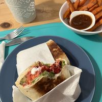 Falafel wrap with sweet potato friess  at Alcachofra Cafe in Faro