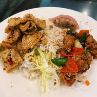 Plate with cabbage dim sum (top), chicken in black bean sauce (right), fried rice and salt and pepper mushroom (left)  at Nature's Vegetarian 天然素食馆 - Bangsar Baru in Kuala Lumpur