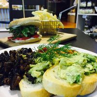 Avocado on toast with a side of mushrooms and organic baked beans at Abitza in Upwey