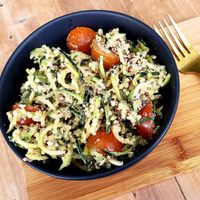 Zucchini quinoa salad with almond cheese. Delicious. at Love Your Soul in Parkdale