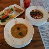 dal soup, bologneze pasta and hummus!  at Prasad in Yalta