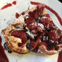 cherry & strawberry topping on vegan waffle at Waffelschwestern - Food Truck in Giessen