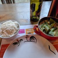 Thai green curry with vegan chicken and coconut rice at Thaikhun in Cambridge