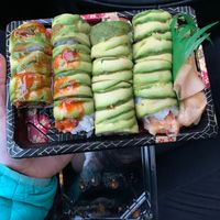 Sweet potato, almond butter, avocado roll on the right. Spicy tempeh on the left. at Heiwa Shokudo in Asheville