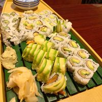 From top left to bottom right, asparagus tempura, tempeh avocado, cucumber avocado, sweetie pie roll, inari roll at Heiwa Shokudo in Asheville