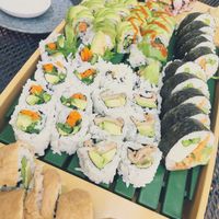 Counter clockwise from bottom: : Alligator Roll, Inari Avocado, Godzilla (almond butter), Spicy Tempeh, Heiwa Futomaki, Sweetie Pie, Special Spicy Veggie at Heiwa Shokudo in Asheville