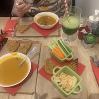 Soup, hummus, greens and the best green juice!   at RedBread in Belgrade