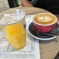 OJ and coffee at Hot Numbers Coffee - Gwydir St in Cambridge