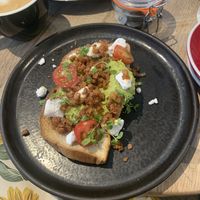Gf vegan bacon & pea smash on toast   at Hot Numbers Coffee - Gwydir St in Cambridge