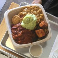 bean chili, chick pea marsala, roasted veggies, falafel, and guac at Plant Wise in Dix Hills