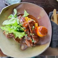 Tempeh with barbecue sauce and sweet potato puree at Moksa in Ubud