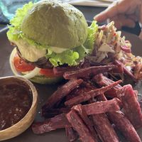 Burger with nice flavor but soggy fries   at Moksa in Ubud