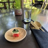 Welcome watermelon and V cheese bite   at Moksa in Ubud