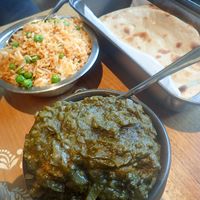 Palak Paneer with Tofu, Pea Pulao Rice and Tandoori Roti at Mukka in Fitzroy