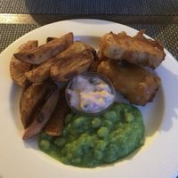 Tofish with chips and mushy peas at The Black Horse in Endon