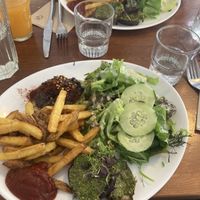 Veganized lunch comprised of a vegan starter and parts of the veggie lunch of the day  at Le Cafe Velo in Grenoble