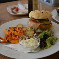 Thai burger with fried sweet potato and just potatoes. at Pastva in Prague