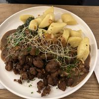 Dumplings and soy meat   at Pastva in Prague