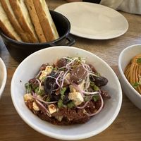 Focaccia and the olive salad   at Pastva in Prague