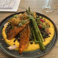 Carrot Cream with cauliflower, sweet potatoes and asparagus.   at Pastva in Prague