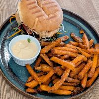 Lentil burger with sweet potatoes at Pastva in Prague
