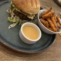 Black bean burger with sweet potato fries  at Pastva in Prague