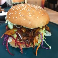 pulled jackfruit and oyster mushroom burger at Pastva in Prague
