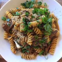 mushroom stroganoff and pasta at Pastva in Prague