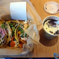 Chaia's farm-to-taco combo, the creamy kale and potato; the mushroom; and the butternut squash. Black beans on the side. at Chaia - Georgetown in Washington