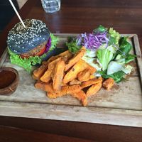 Vegan burger with sweet potato fries and salad. My other photo is the Be Strong smoothie which I labeled wrong! at Pels Supershop in Tibubeneng