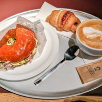The incredible "egg" bagel, chocolate gipfeli, and a soya cappuccino at Tibits in Luzern