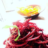 beetroot noodles with pumpkin sauce and chips  at Ecru in Rome
