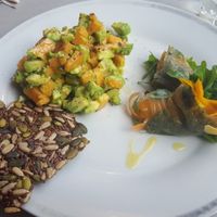 Spring rolls, avocado salad and raw seed cracker (all gluten free)  at Ecru in Rome