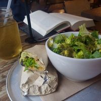 Burrito (made vegan) peppermint ice tea at The Good Life Eatery in South West London