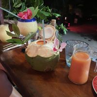 Piña an agua + papaya en agua de coco  at Madre Tierra in Puerto Viejo De Talamanca